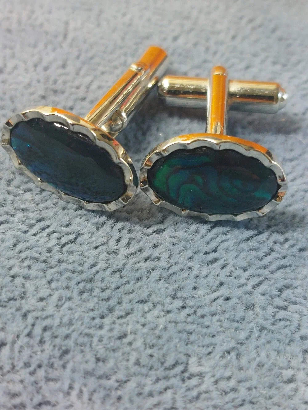 Vintage Estate Silvertone Mens Cufflinks Cabochon Abalone Onyx Style, Lot of 3
